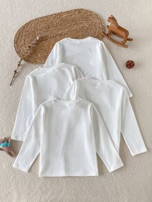 SHEIN 4件組男孩休閒純白色棉混紡圓領長袖T恤，適合學校、內搭、外出等多用途，秋季/ - 白色 - 查看 6