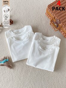 SHEIN 4件組男孩休閒純白色棉混紡圓領長袖T恤，適合學校、內搭、外出等多用途，秋季/ - 白色 - 查看 7
