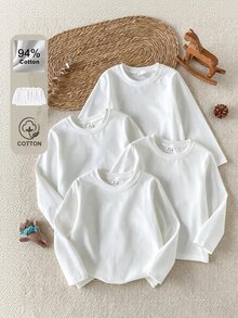 SHEIN 4件組男孩休閒純白色棉混紡圓領長袖T恤，適合學校、內搭、外出等多用途，秋季/ - 白色 - 查看 2