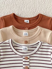 SHEIN Baby Boy Fall Ribbed Front Button Long Sleeve Knit Striped Top In Beige, Coffee And Brown With Matching Ribbed Long Pants Family Photoshoot Modest - Multicolor - View 11