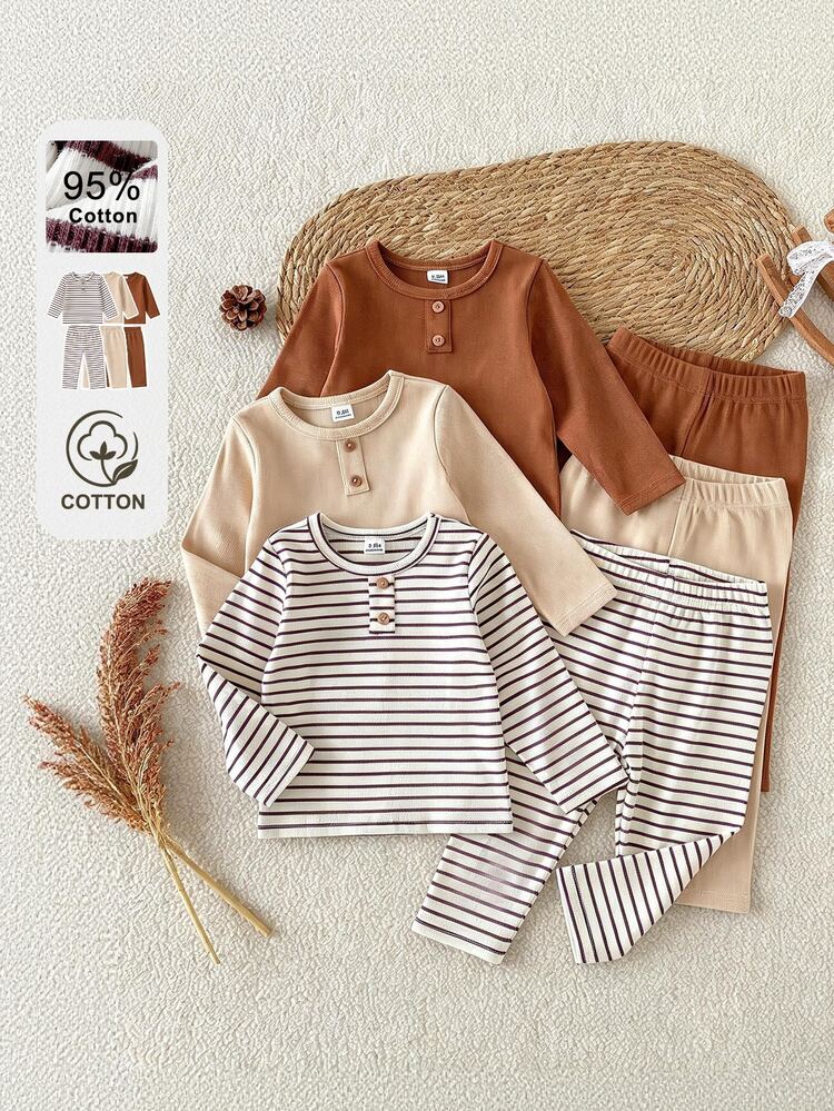 SHEIN Áo len dệt kim kẻ sọc tay dài cài nút trước gân cho bé trai mùa thu màu be, cà phê và nâu, kèm quần dài gân đồng bộ, phong cách kín đáo cho chụp ảnh gia đình - Nhiều màu - Xem 1