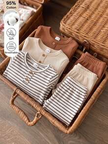 SHEIN Baby Boy Fall Ribbed Front Button Long Sleeve Knit Striped Top In Beige, Coffee And Brown With Matching Ribbed Long Pants Family Photoshoot Modest - Multicolor - View 5