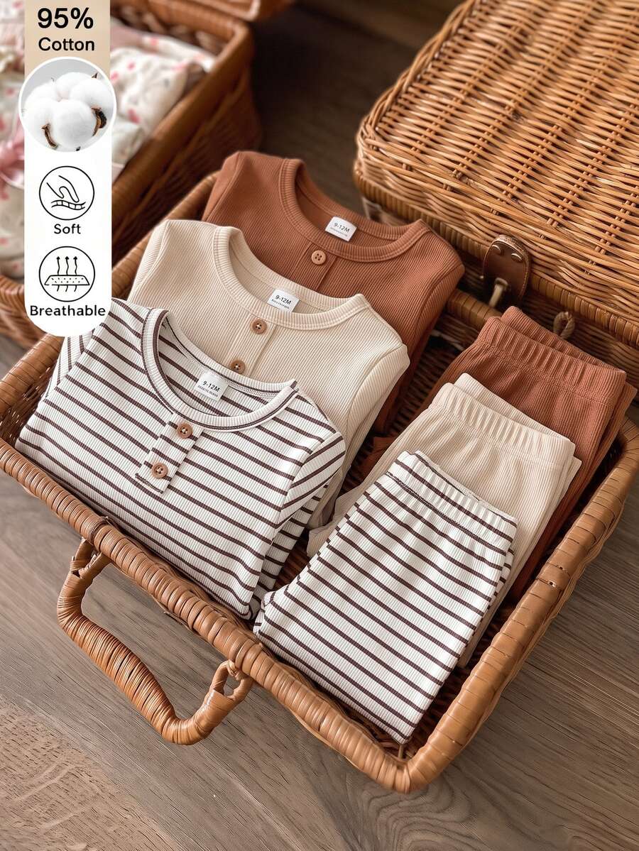 SHEIN Baby Boy Fall Ribbed Front Button Long Sleeve Knit Striped Top In Beige, Coffee And Brown With Matching Ribbed Long Pants Family Photoshoot Modest