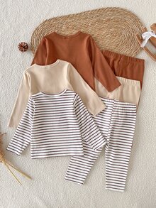SHEIN Baby Boy Fall Ribbed Front Button Long Sleeve Knit Striped Top In Beige, Coffee And Brown With Matching Ribbed Long Pants Family Photoshoot Modest - Multicolor - View 6