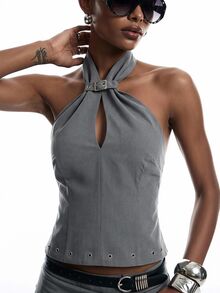 LYSMO Women's Solid Color Eyelet Design Fashion Sexy 90s Halter Neck Tank Top Night Out Club Party Light Grey Y2k Sexy Outfits Night Out Outfit Summer - Dark Grey - View 6