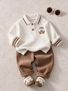 Souflis Souflis 2pcs/Set Baby Boy Fall White Brown Vintage Cute Elegant Preppy Style Bear Embroidery Textured Collar Polo Long Sleeve Top Ribbed Straight Leg Pants - Khaki - View 2