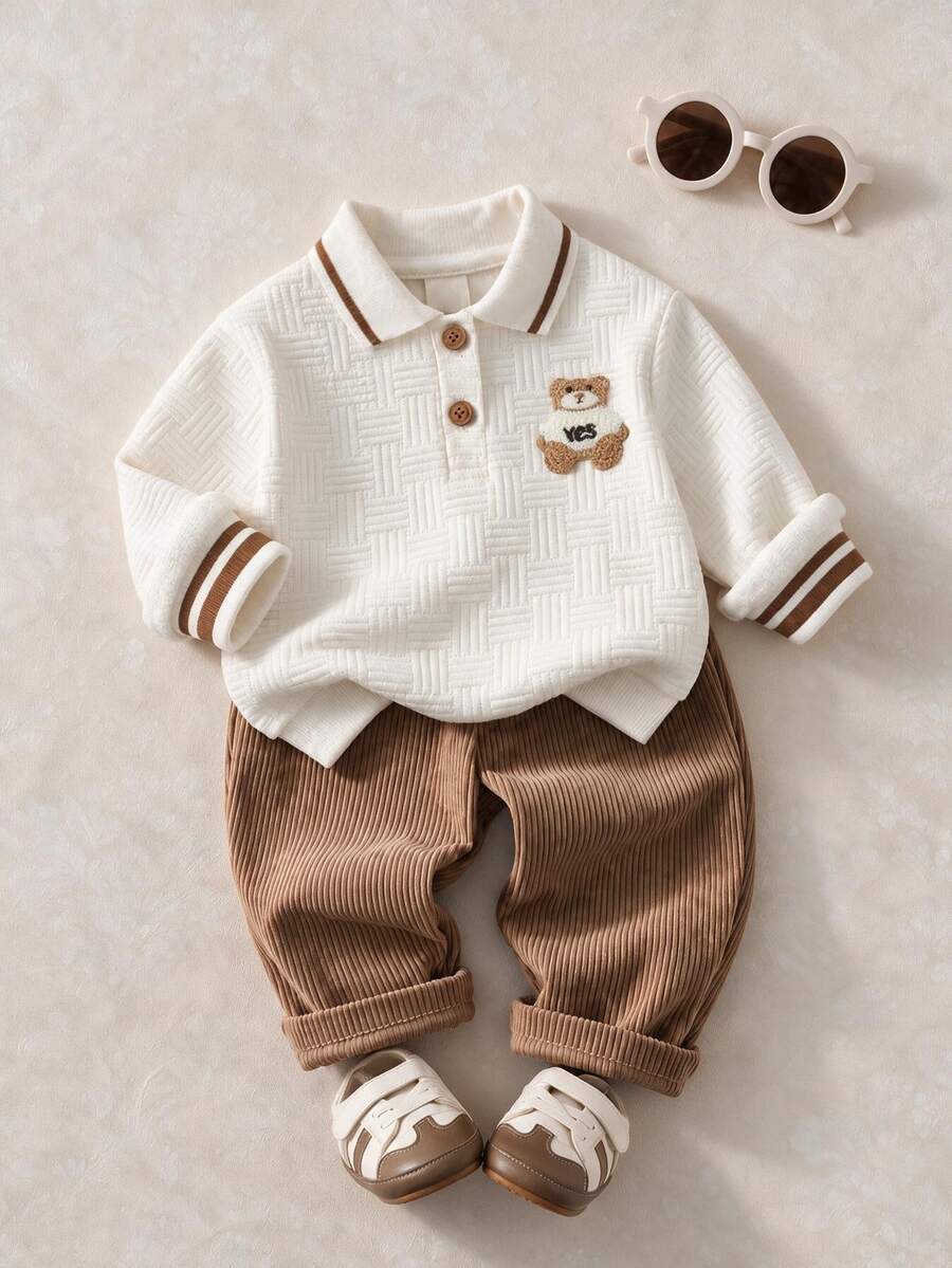 Souflis Souflis 2pcs/Set Baby Boy Fall White Brown Vintage Cute Elegant Preppy Style Bear Embroidery Textured Collar Polo Long Sleeve Top Ribbed Straight Leg Pants