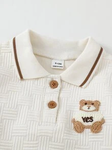 Souflis Souflis 2pcs/Set Baby Boy Fall White Brown Vintage Cute Elegant Preppy Style Bear Embroidery Textured Collar Polo Long Sleeve Top Ribbed Straight Leg Pants - Khaki - View 9
