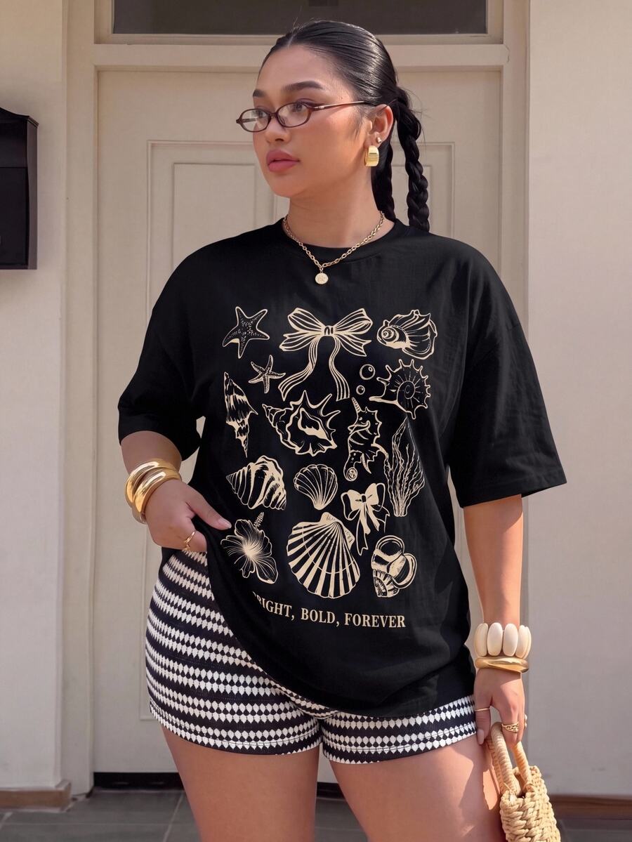 Muchica Plus Size Women's Shell Print Short Sleeve Top And Shorts Casual Daily 2 Pieces Set - Black - View 1
