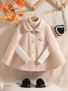 SHEIN Elladie kids معطف نسائي بأسلوب سيدة مع تفاصيل كيب وشال بأزرار وتصميم مرقع بلون الجمل، مناسب للخريف والهالوين والكريسماس - بيج - مشاهدة 4