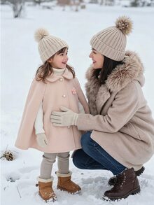 SHEIN Elladie kids معطف نسائي بأسلوب سيدة مع تفاصيل كيب وشال بأزرار وتصميم مرقع بلون الجمل، مناسب للخريف والهالوين والكريسماس - بيج - مشاهدة 5