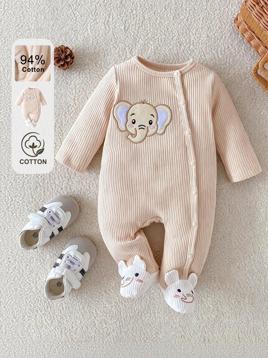SHEIN Infant Baby Cotton Ribbed Romper, Long Sleeve Jumpsuit, Cute Cartoon Elephant Footed Jumpsuit, Coming Family Matching, Beige Fall