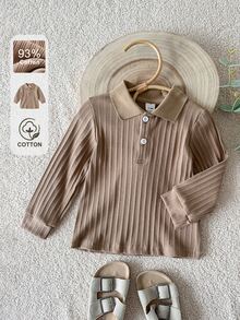 SHEIN Baby Polo Neck Long Sleeve Shirt, Vertical Rib Knit Button Henley Top, Soft Stretch Casual Tropical Flowy Fall Tee For Infant Toddler Brown Off-White - Brown - View 2