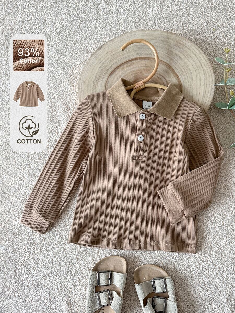 SHEIN Baby Polo Neck Long Sleeve Shirt, Vertical Rib Knit Button Henley Top, Soft Stretch Casual Tropical Flowy Fall Tee For Infant Toddler Brown Off-White
