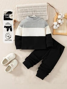 SHEIN Baby Boys Fall Outfits Set, Color‑Block Mock‑Neck Ribbed Cotton 2 Pieces Outfit, Ribbed Top & Jogger Pants, Multi‑Occasion For School & Going‑Out Play - Multicolor - View 2