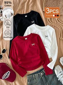 SHEIN 少女 T-shirt 校園風 白色 紅白配色 秋季可愛款 - 彩色 - 查看 4