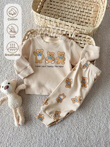 SHEIN 新生兒男嬰女嬰 2件/套 秋季白色圖案節日熊絨毛印花長袖上衣與長褲套裝，舒適可愛休閒風 - 彩色 - 查看 7