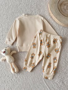 SHEIN 新生兒男嬰女嬰 2件/套 秋季白色圖案節日熊絨毛印花長袖上衣與長褲套裝，舒適可愛休閒風 - 彩色 - 查看 6