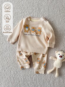 SHEIN 新生兒男嬰女嬰 2件/套 秋季白色圖案節日熊絨毛印花長袖上衣與長褲套裝，舒適可愛休閒風 - 彩色 - 查看 9