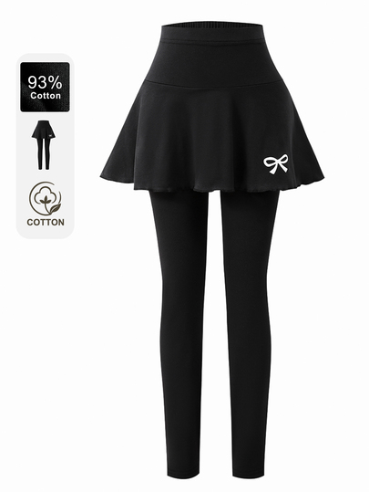SHEIN Tween Girls Leggings, Casual Uniform Cute Elegant Pants With Skirt 2 In 1 Bow Pattern, Suitable For Fall, Perfect For Outings School Black And White