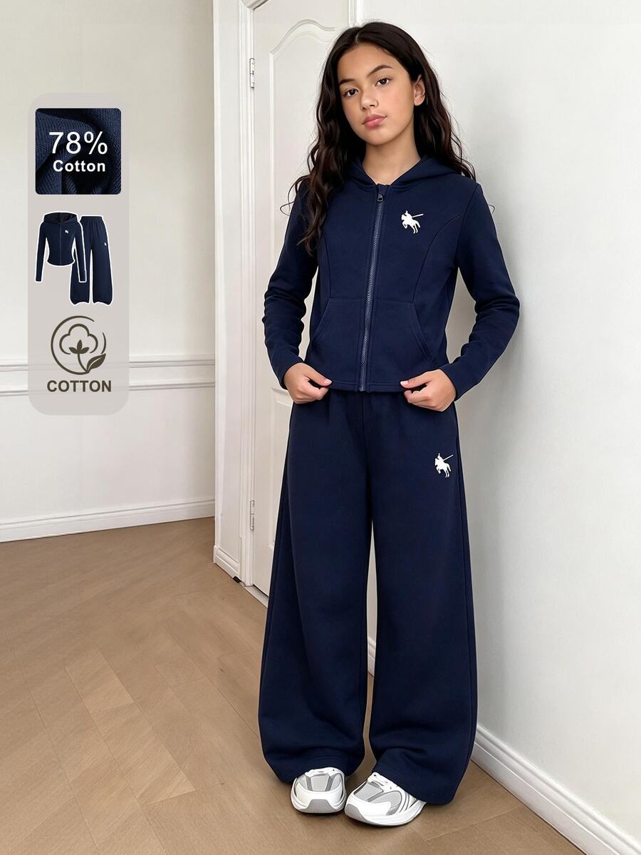 SHEIN Reset Phase 女童休閒時尚針織純色前胸圖案印花雙口袋長袖連帽拉鍊外套與純色針織圖案印花長褲舒適兩件套