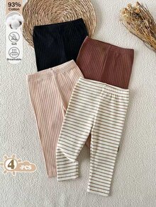 SHEIN 4件組女嬰基本款巧克力棕米色棕色條紋內搭褲，黑色條紋圖案，適合學校居家、日常穿著，秋季休閒 - 彩色 - 查看 8