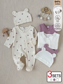 SHEIN 3件組新生女嬰白色、杏色、紫色棉混紡連身衣+帽子，柔軟羅紋親膚愛心印花長袖連腳連身衣 - 彩色 - 查看 8