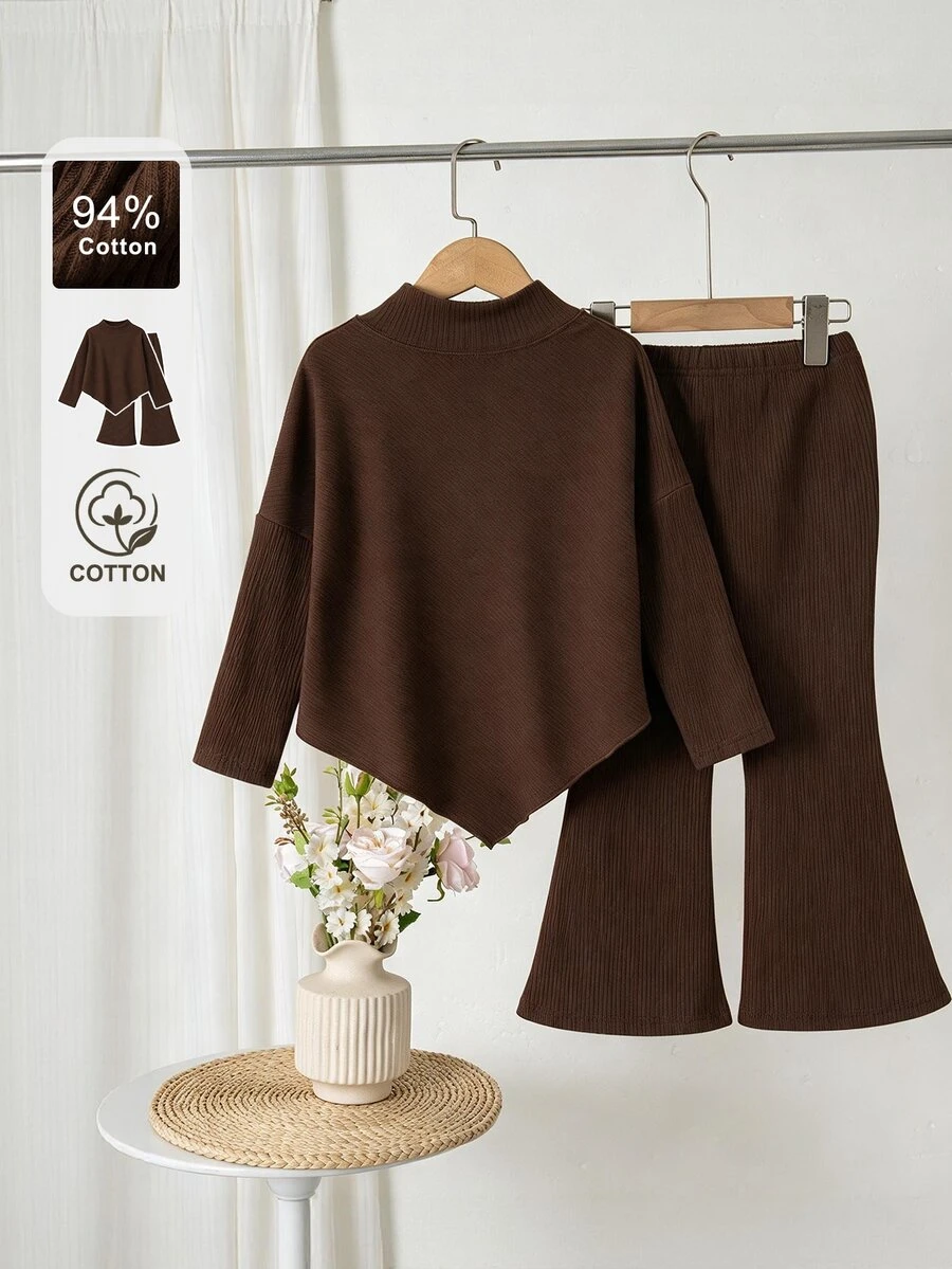 SHEIN Girls 2Pcs Fall Outfit Set, Mock Neck Asymmetric Top & Flare Pants, Ribbed Knit, Brown, Christmas Outfit For Young Girl - Brown - View 1