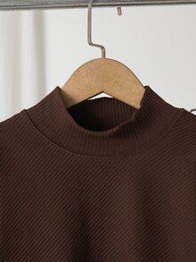 SHEIN 女童 2 件組秋季套裝，假領不對稱上衣與喇叭褲，羅紋針織，棕色，小女孩聖誕穿搭 - 棕色 - 查看 7