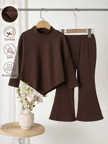 SHEIN 女童 2 件組秋季套裝，假領不對稱上衣與喇叭褲，羅紋針織，棕色，小女孩聖誕穿搭 - 棕色 - 查看 6