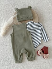 SHEIN 新生兒條紋長袖連身衣搭配字母刺繡無袖連身褲與帽子，度假風 - 軍綠色 - 查看 6