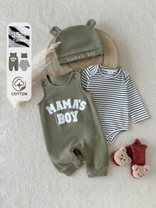 SHEIN 新生兒條紋長袖連身衣搭配字母刺繡無袖連身褲與帽子，度假風 - 軍綠色 - 查看 2