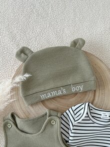 SHEIN 新生兒條紋長袖連身衣搭配字母刺繡無袖連身褲與帽子，度假風 - 軍綠色 - 查看 9
