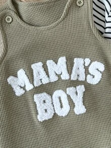 SHEIN 新生兒條紋長袖連身衣搭配字母刺繡無袖連身褲與帽子，度假風 - 軍綠色 - 查看 10