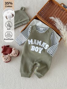 SHEIN 新生兒條紋長袖連身衣搭配字母刺繡無袖連身褲與帽子，度假風 - 軍綠色 - 查看 5