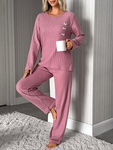 SHEIN Women Ribbed Knit Bow Detail Long Sleeve Top & Pants Pajama Set, Soft Casual Lounge Sleepwear - Dusty Pink - View 5