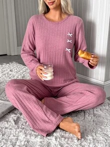SHEIN Women Ribbed Knit Bow Detail Long Sleeve Top & Pants Pajama Set, Soft Casual Lounge Sleepwear - Dusty Pink - View 1