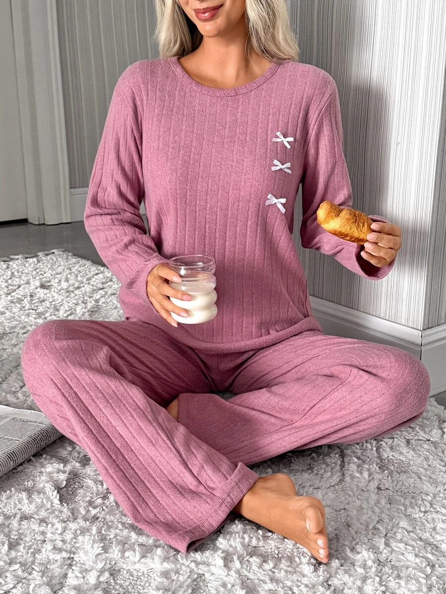 SHEIN Women Ribbed Knit Bow Detail Long Sleeve Top & Pants Pajama Set, Soft Casual Lounge Sleepwear - Dusty Pink - View 1