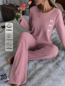 SHEIN Women Ribbed Knit Bow Detail Long Sleeve Top & Pants Pajama Set, Soft Casual Lounge Sleepwear - Dusty Pink - View 3