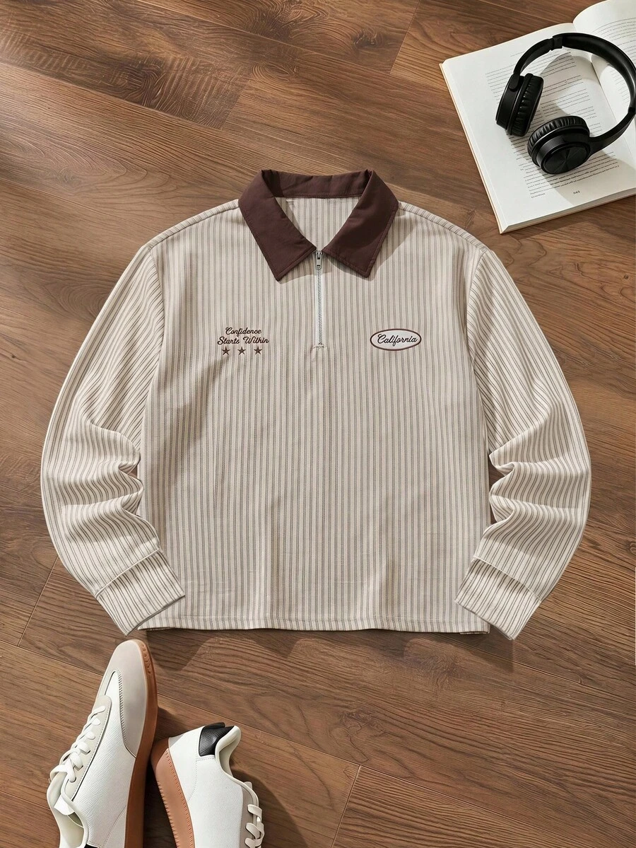 EASEVO Men's Plus Size Striped Embroidered Zipper Half-Placket Shirt - Khaki - View 1