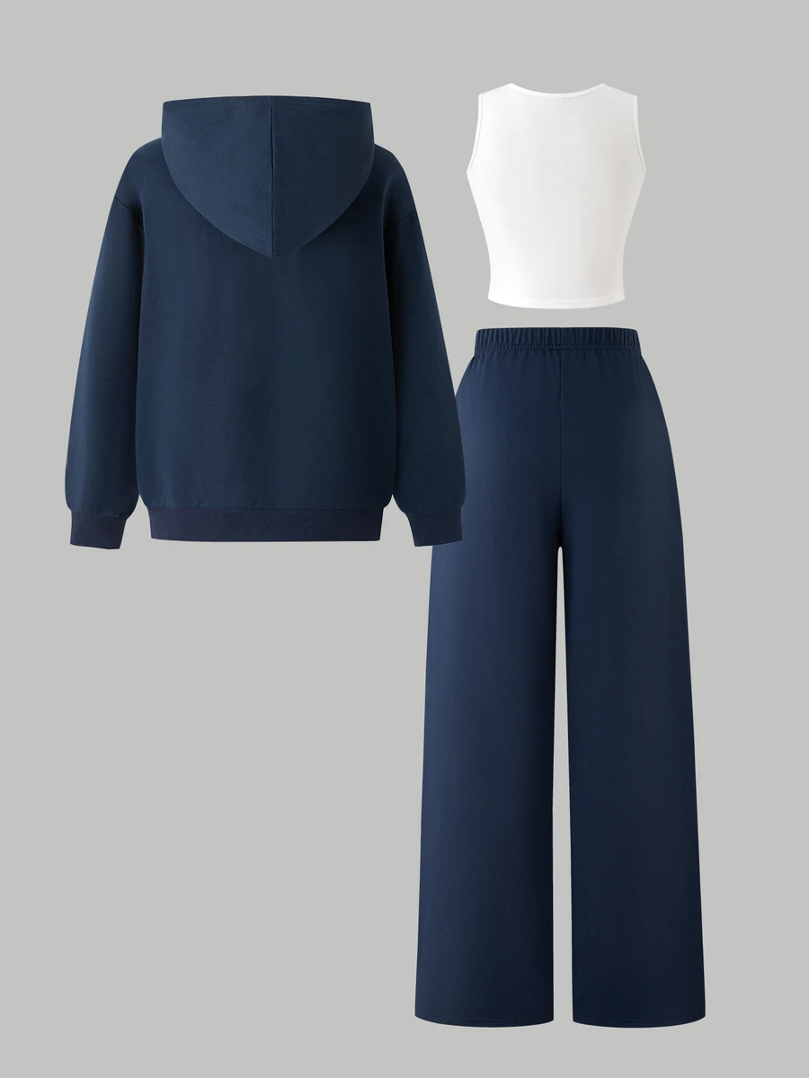 SHEIN Reset Phase Girls Teenager Set, Navy Blue Hooded Long Sleeve Zip ...