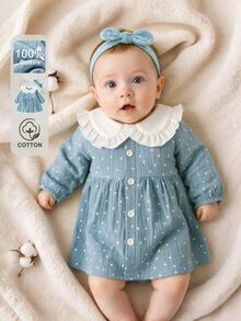 SHEIN Vintaside Kids 新生兒藍色洋裝，秋冬新款，0-12M，白色彼得潘領配白色波點印花，藍色裙身附荷葉邊布料，可愛迷人，適合外出、玩耍等多種場合 - 淺藍色 - 查看 4