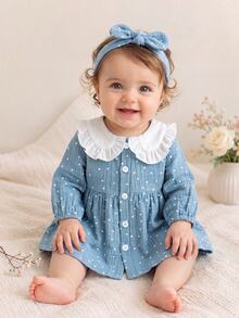 SHEIN Vintaside Kids 新生兒藍色洋裝，秋冬新款，0-12M，白色彼得潘領配白色波點印花，藍色裙身附荷葉邊布料，可愛迷人，適合外出、玩耍等多種場合 - 淺藍色 - 查看 10