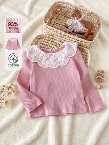 SHEIN Young Girl Ribbed Knit Long Sleeve Tee, Elegant Embroidered Lace Collar Pink Fall Top - Pink - View 2