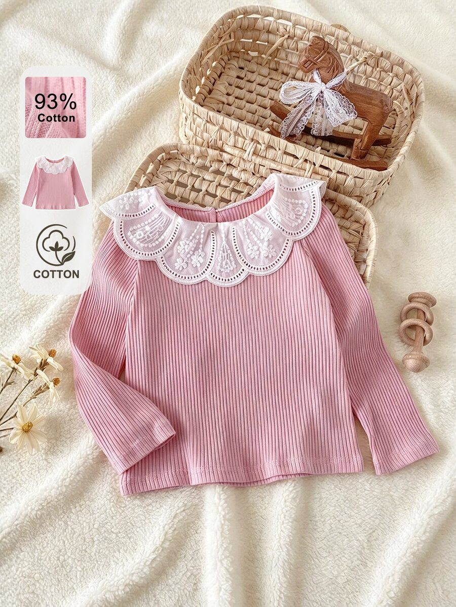 SHEIN Young Girl Ribbed Knit Long Sleeve Tee, Elegant Embroidered Lace Collar Pink Fall Top