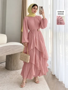 Solavon New Ruched Multi-Layer Flounce Cinched Waist Flowy Beach Dress, Flattering And Suitable For Vacation And Beach Unlined Sleeves - Pink - View 2