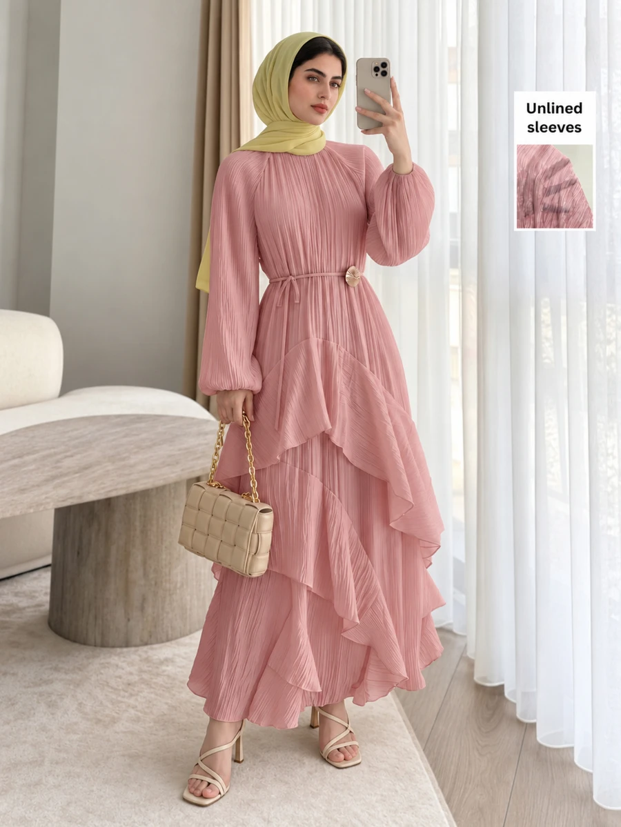 Solavon New Ruched Multi-Layer Flounce Cinched Waist Flowy Beach Dress, Flattering And Suitable For Vacation And Beach Unlined Sleeves