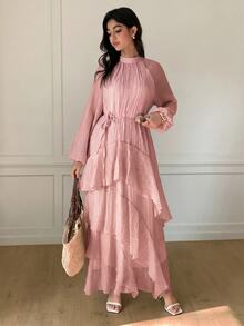 Solavon New Ruched Multi-Layer Flounce Cinched Waist Flowy Beach Dress, Flattering And Suitable For Vacation And Beach Unlined Sleeves - Pink - View 7