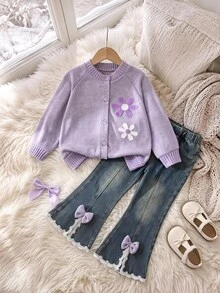SHEIN Girls 2pcs Set Brown Flower Decor Cardigan Floral Denim Pants Outfits Lace Split Flared Leg Top For Fall Style, Top 7th Birthday - Mauve Purple - View 1