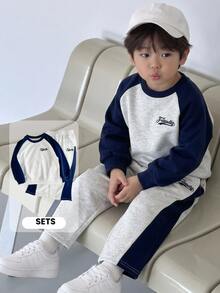 SHEIN Genkimix Kids Boys Embroidery Letter Pattern Baby White Contrast Raglan Sleeve Sweatshirt Loose Fit Pants Set Tracksuit School Back-To-School Autumn Birthday - Grey - View 2